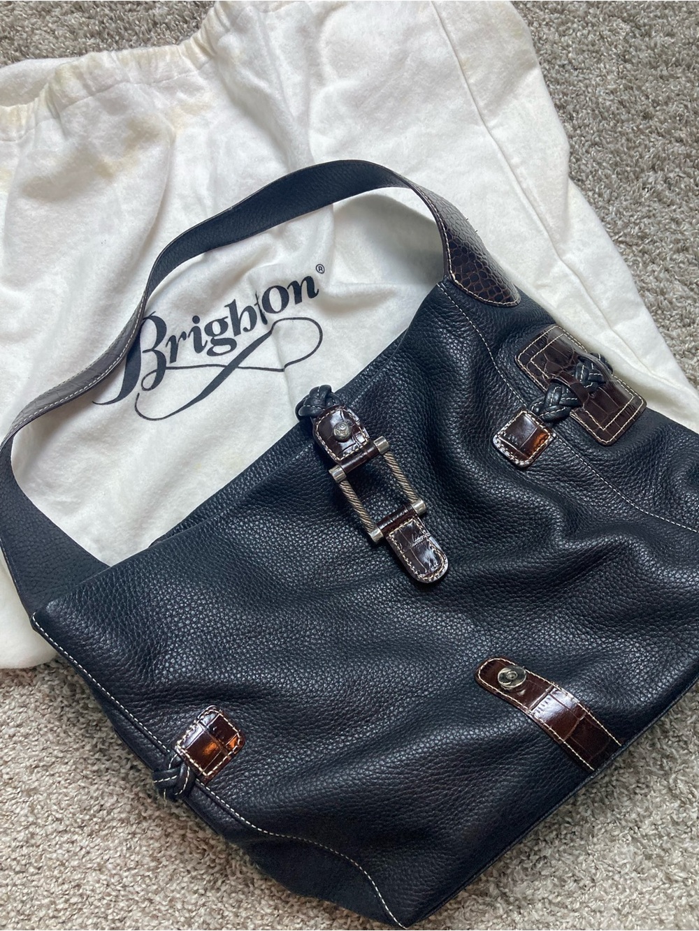 Brighton Black Leather Hobo with Brown Croc Accents